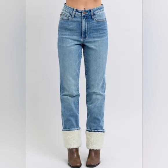 Judy Blue High-Rise Shearling Cuff Boyfriend Fit Jeans Straight Leg Denim Pants