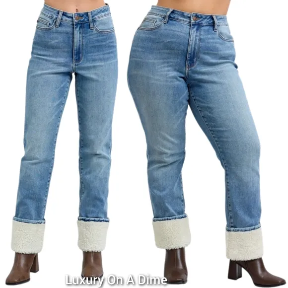 Judy Blue High-Rise Shearling Cuff Boyfriend Fit Jeans Straight Leg Denim Pants