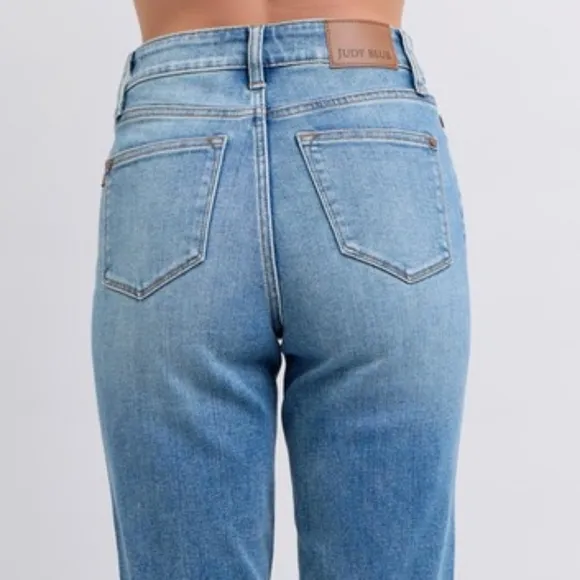 Judy Blue High-Rise Shearling Cuff Boyfriend Fit Jeans Straight Leg Denim Pants
