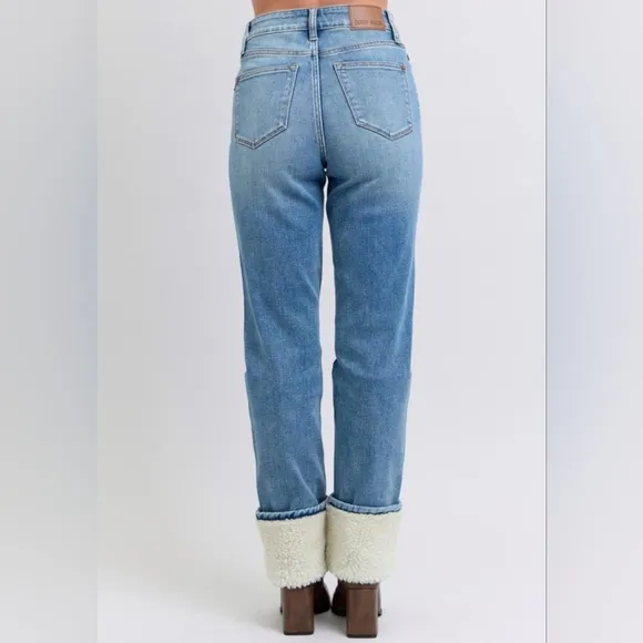 Judy Blue High-Rise Shearling Cuff Boyfriend Fit Jeans Straight Leg Denim Pants
