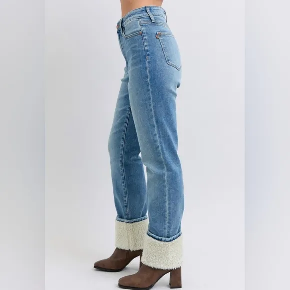 Judy Blue High-Rise Shearling Cuff Boyfriend Fit Jeans Straight Leg Denim Pants