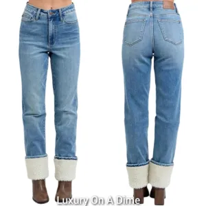Judy Blue High-Rise Shearling Cuff Boyfriend Fit Jeans Straight Leg Denim Pants