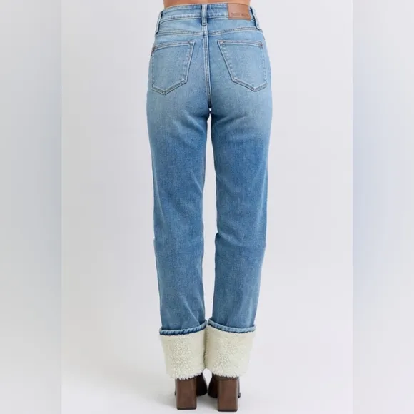 Judy Blue High-Rise Shearling Cuff Boyfriend Fit Jeans Straight Leg Denim Pants
