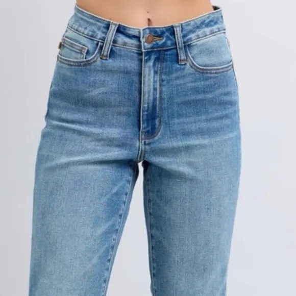Judy Blue High-Rise Shearling Cuff Boyfriend Fit Jeans Straight Leg Denim Pants