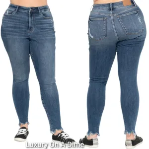 Judy Blue High-Rise Slim Leg Pants Skinny Fit Distressed Denim Raw Frayed Jeans