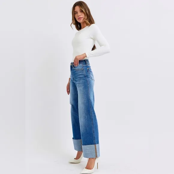 Judy Blue High-Rise Torn Boyfriend Jeans Ultra Wide Leg Cuff Raw Hem Denim Pants