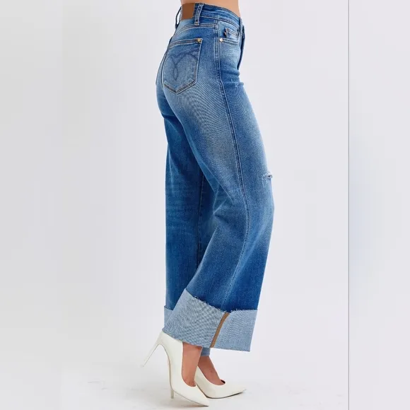 Judy Blue High-Rise Torn Boyfriend Jeans Ultra Wide Leg Cuff Raw Hem Denim Pants