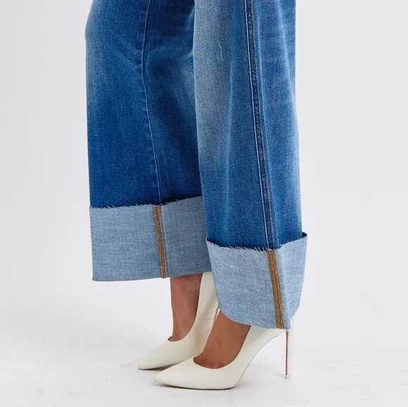 Judy Blue High-Rise Torn Boyfriend Jeans Ultra Wide Leg Cuff Raw Hem Denim Pants