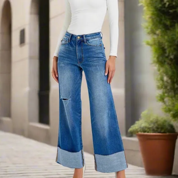 Judy Blue High-Rise Torn Boyfriend Jeans Ultra Wide Leg Cuff Raw Hem Denim Pants