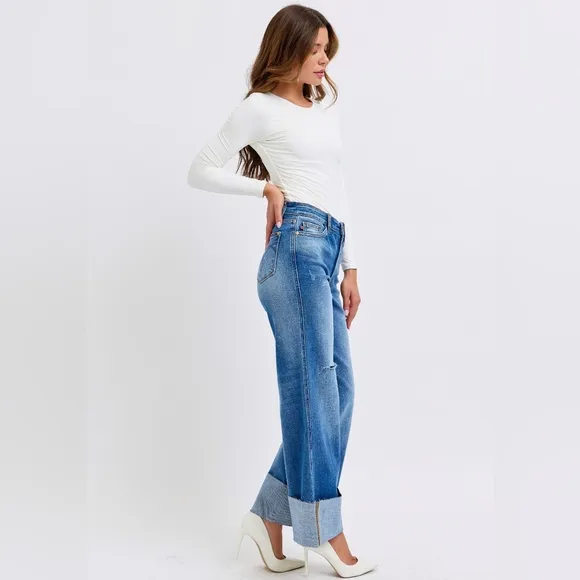 Judy Blue High-Rise Torn Boyfriend Jeans Ultra Wide Leg Cuff Raw Hem Denim Pants