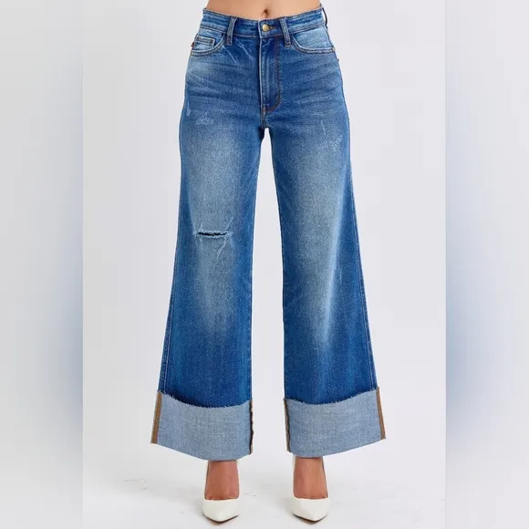 Judy Blue High-Rise Torn Boyfriend Jeans Ultra Wide Leg Cuff Raw Hem Denim Pants
