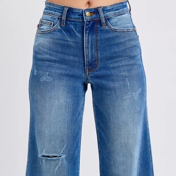 Judy Blue High-Rise Torn Boyfriend Jeans Ultra Wide Leg Cuff Raw Hem Denim Pants