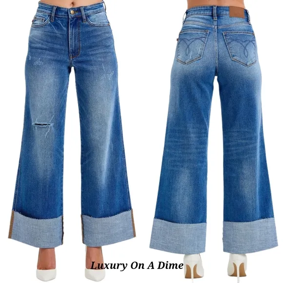 Judy Blue High-Rise Torn Boyfriend Jeans Ultra Wide Leg Cuff Raw Hem Denim Pants