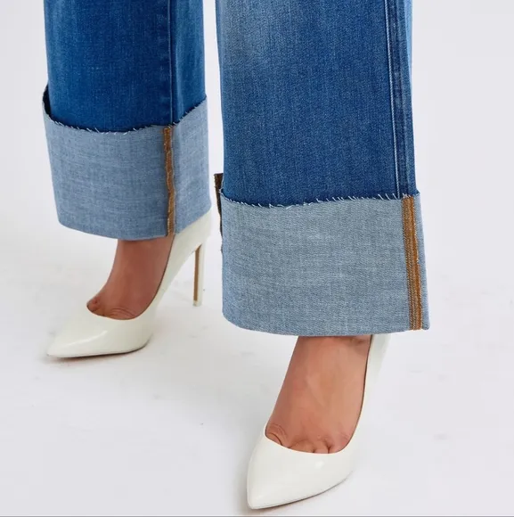 Judy Blue High-Rise Torn Boyfriend Jeans Ultra Wide Leg Cuff Raw Hem Denim Pants