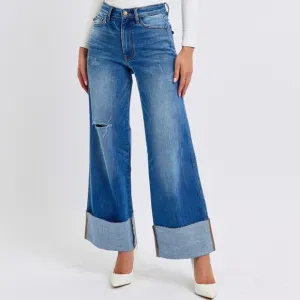 Judy Blue High-Rise Torn Boyfriend Jeans Ultra Wide Leg Cuff Raw Hem Denim Pants