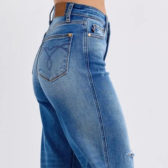 Judy Blue High-Rise Torn Boyfriend Jeans Ultra Wide Leg Cuff Raw Hem Denim Pants