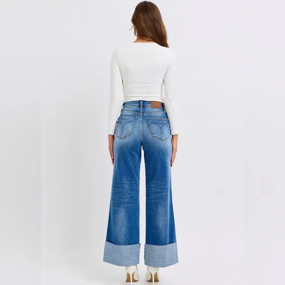 Judy Blue High-Rise Torn Boyfriend Jeans Ultra Wide Leg Cuff Raw Hem Denim Pants
