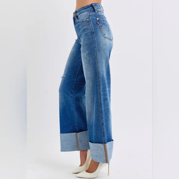 Judy Blue High-Rise Torn Boyfriend Jeans Ultra Wide Leg Cuff Raw Hem Denim Pants