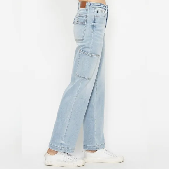 Judy Blue Jeans High-Rise Waist Cargo Denim Boyfriend Straight Leg Retro Pants