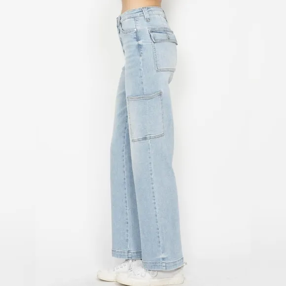 Judy Blue Jeans High-Rise Waist Cargo Denim Boyfriend Straight Leg Retro Pants