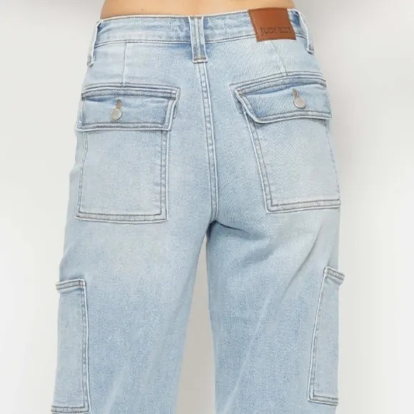 Judy Blue Jeans High-Rise Waist Cargo Denim Boyfriend Straight Leg Retro Pants