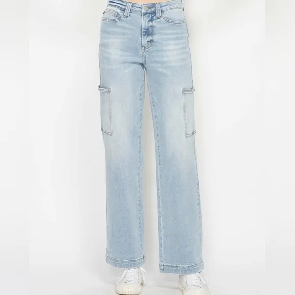 Judy Blue Jeans High-Rise Waist Cargo Denim Boyfriend Straight Leg Retro Pants