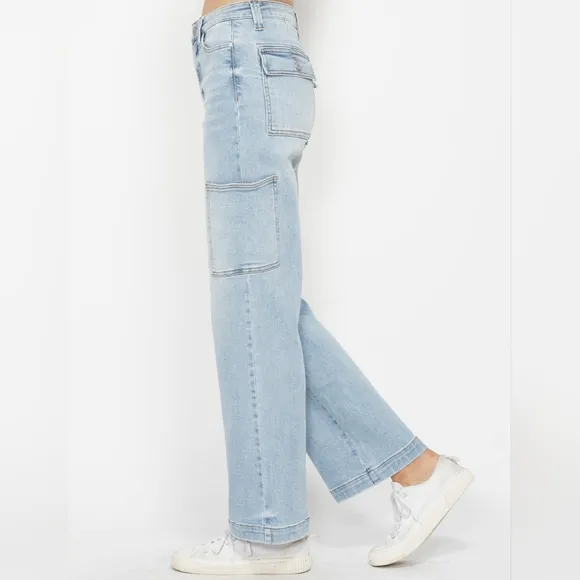 Judy Blue Jeans High-Rise Waist Cargo Denim Boyfriend Straight Leg Retro Pants
