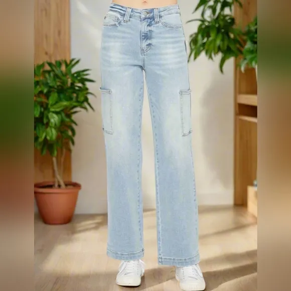 Judy Blue Jeans High-Rise Waist Cargo Denim Boyfriend Straight Leg Retro Pants
