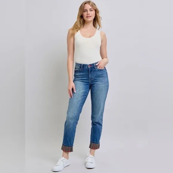 Judy Blue Red Plaid Cuffed Mid-Rise Straight Leg Cropped Jeans Ltd Denim Pants