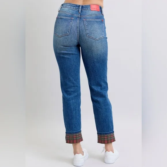 Judy Blue Red Plaid Cuffed Mid-Rise Straight Leg Cropped Jeans Ltd Denim Pants