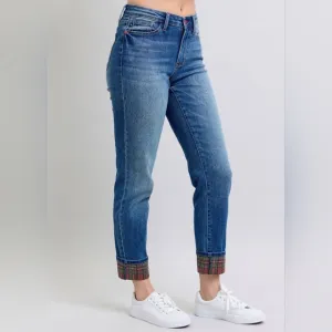 Judy Blue Red Plaid Cuffed Mid-Rise Straight Leg Cropped Jeans Ltd Denim Pants