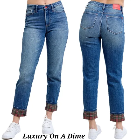 Judy Blue Red Plaid Cuffed Mid-Rise Straight Leg Cropped Jeans Ltd Denim Pants
