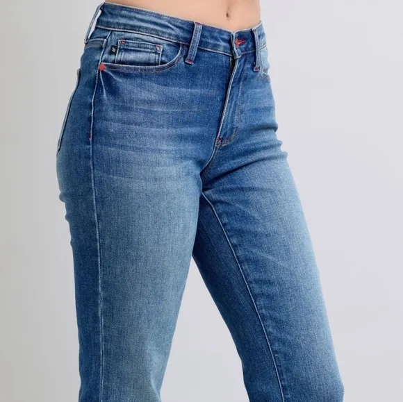 Judy Blue Red Plaid Cuffed Mid-Rise Straight Leg Cropped Jeans Ltd Denim Pants