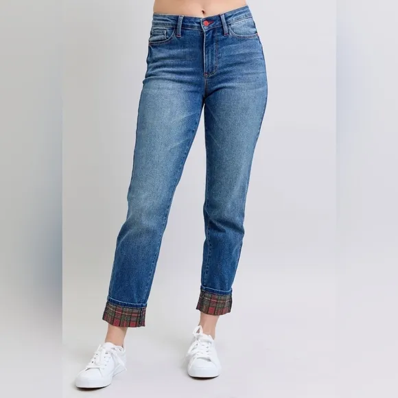 Judy Blue Red Plaid Cuffed Mid-Rise Straight Leg Cropped Jeans Ltd Denim Pants