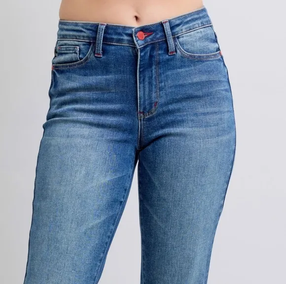Judy Blue Red Plaid Cuffed Mid-Rise Straight Leg Cropped Jeans Ltd Denim Pants