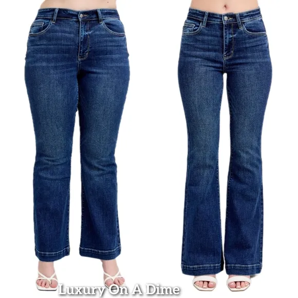 Judy Blue Retro High-Rise Waist Slim Fit Pants Tapered Flare Leg Denim Jeans