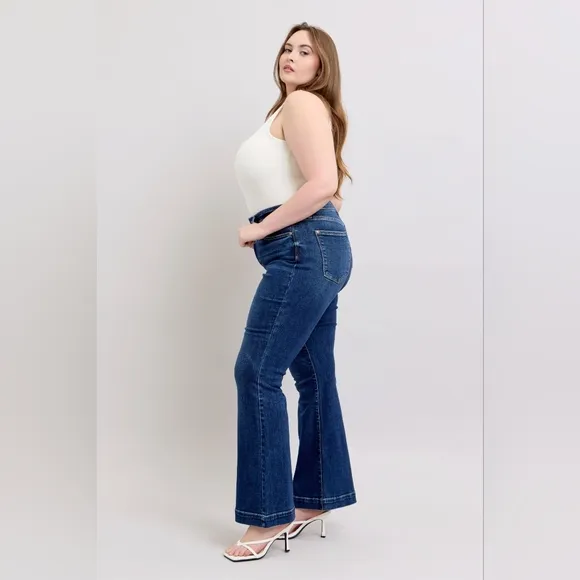 Judy Blue Retro High-Rise Waist Slim Fit Pants Tapered Flare Leg Denim Jeans