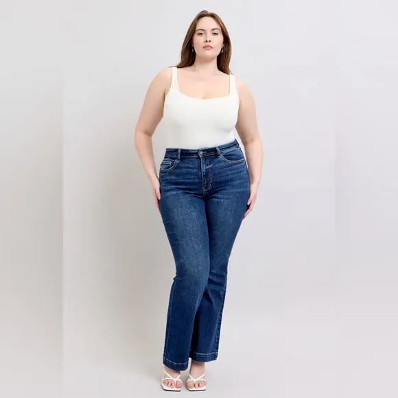 Judy Blue Retro High-Rise Waist Slim Fit Pants Tapered Flare Leg Denim Jeans