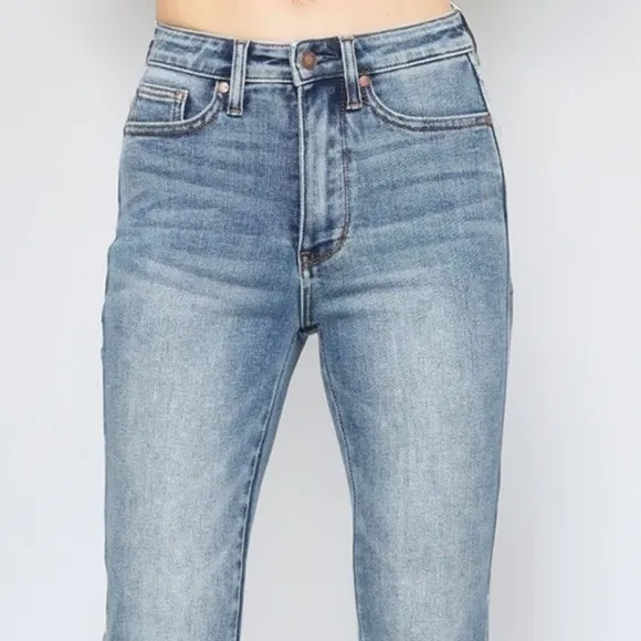 Judy Blue Tummy Control High-Rise Jeans Bootcut Embroidered Pocket Denim Pants