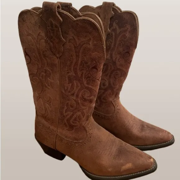 Justin Boots Brown Western Cowboy Boots with Embroidered Shaft