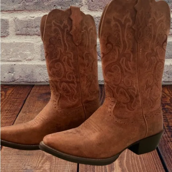 Justin Boots Brown Western Cowboy Boots with Embroidered Shaft