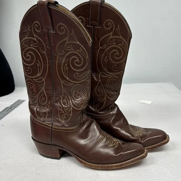 Justin Boots Brown Western Cowboy Boots with Intricate Stitching Dressy 9.5 D