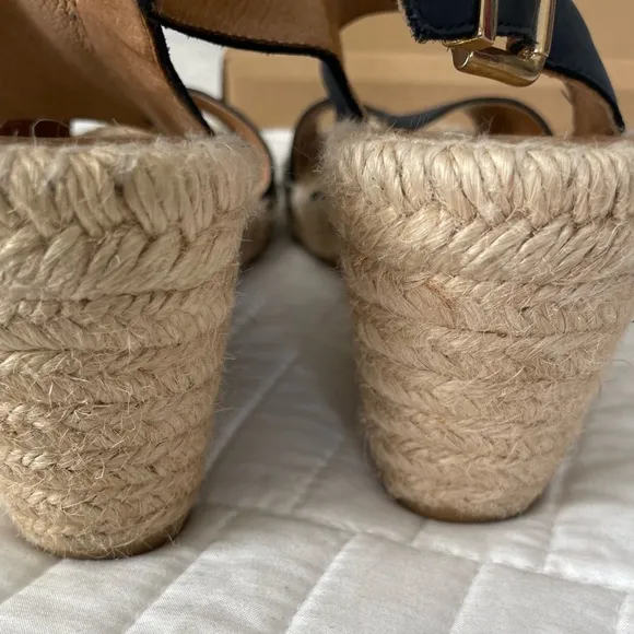 Kanna Espadrilles Jute Wedge Sandals Leather Navy Blue Womens 9.5 EU 40 Spain