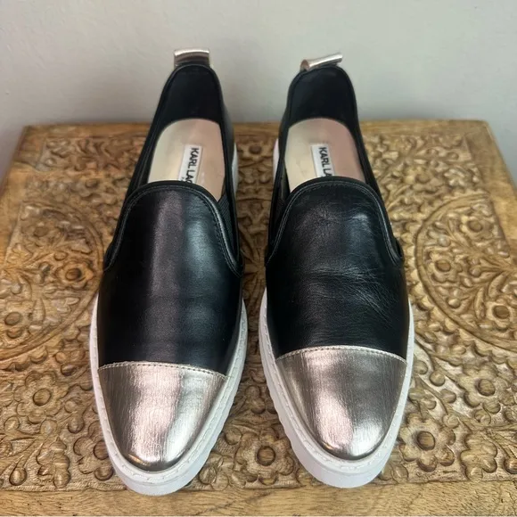 Karl Lagerfeld Paris Caralee Cap Toe Black/Gold Loafers/Sneaker Sz 5.5