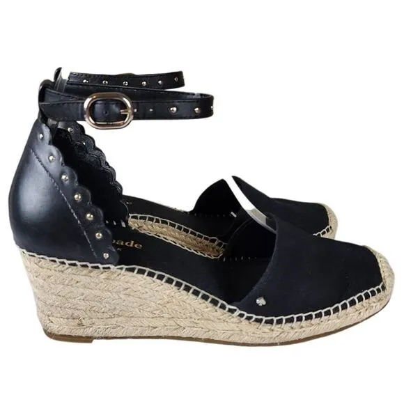 Kate Spade- Black Palma Espadrilles Ankle Strap Gold Tone Accent Wedge, Size 6.5