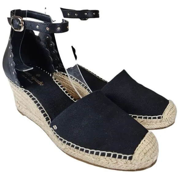 Kate Spade- Black Palma Espadrilles Ankle Strap Gold Tone Accent Wedge, Size 6.5