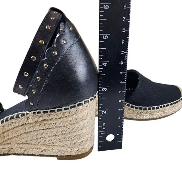 Kate Spade- Black Palma Espadrilles Ankle Strap Gold Tone Accent Wedge, Size 6.5