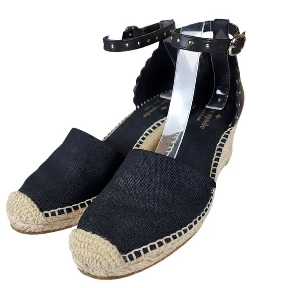 Kate Spade- Black Palma Espadrilles Ankle Strap Gold Tone Accent Wedge, Size 6.5