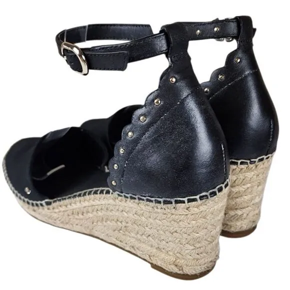 Kate Spade- Black Palma Espadrilles Ankle Strap Gold Tone Accent Wedge, Size 6.5