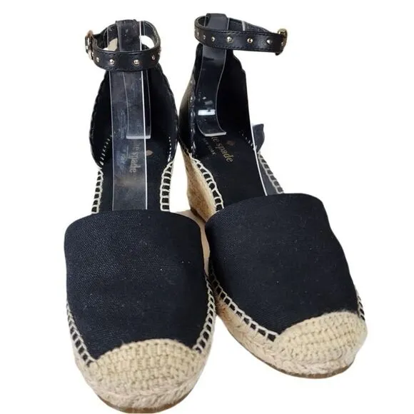 Kate Spade- Black Palma Espadrilles Ankle Strap Gold Tone Accent Wedge, Size 6.5